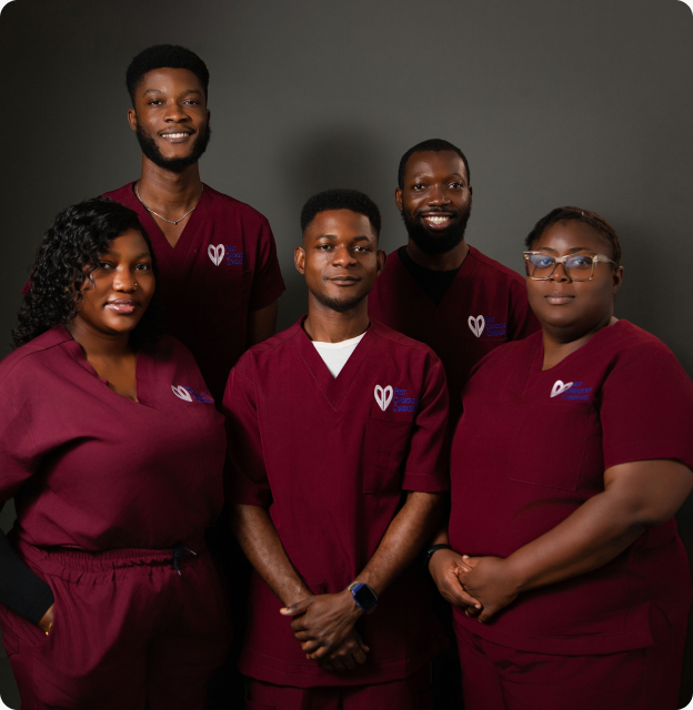 FCC Healthcare team members in purple scrubs