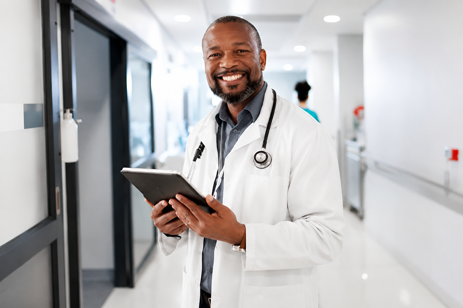 A doctor holding a tablet in a hospital corridor