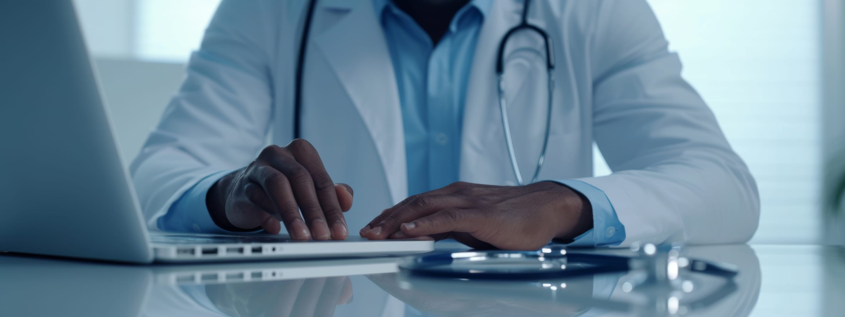 A clinician working beside a stethoscope
